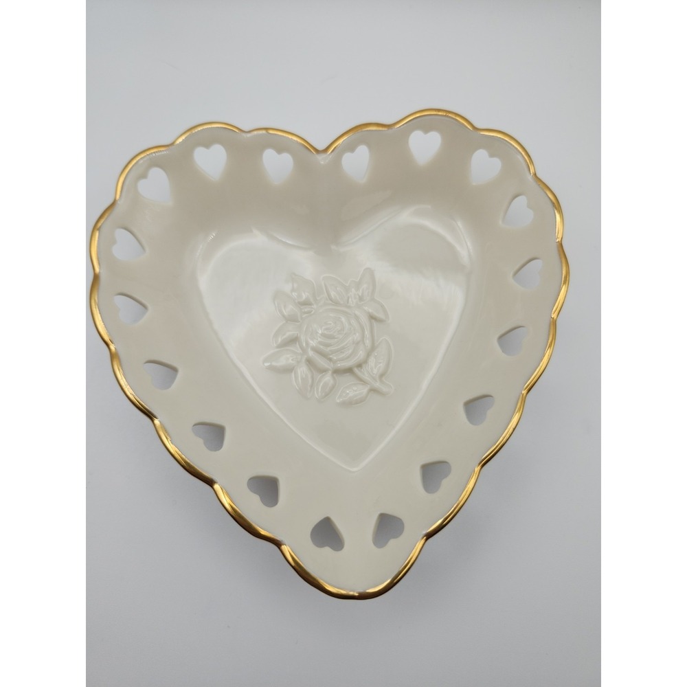 Lenox Heart Dish - Ivory with Gold Trim & Heart Shaped Cutouts with Rose USA